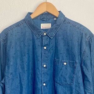 Knowledge Cotton Apparel Organic Chambray Denim Rocket Popcorn Print Shirt Sz XL